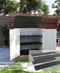 Big Weatherproof Outdoor Storage Shed Box For Garden And Backyard, Waterproof 48 Cu Ft Capacity, open with shelf layout, patio view