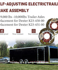 Front view electric trailer brake assembly pair with red backing plates for Dexter 9k–10k lb axles