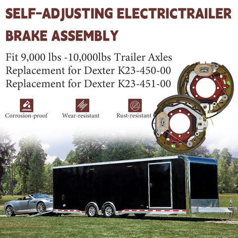 Front view electric trailer brake assembly pair with red backing plates for Dexter 9k–10k lb axles