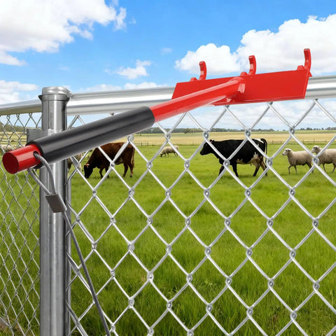 One Man Chain Link Fence Top Rail Fabric Hanging Tool Heavy Duty Stretcher With Steel Cable Hook And Non Slip Handle in use on farm