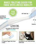 Diagram of Toilet Aid Wand 18 Inch Personal Bottom Wiping Tool with features and use instructions for limited mobility users.