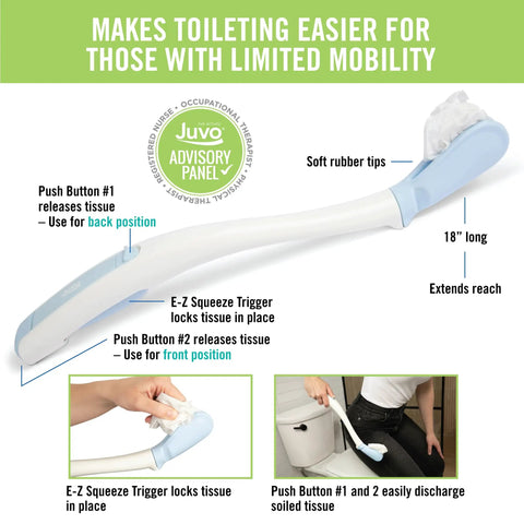 Diagram of Toilet Aid Wand 18 Inch Personal Bottom Wiping Tool with features and use instructions for limited mobility users.