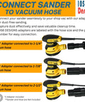 Universal Sander Vacuum Adapter 1-1/4 Inch Hose for Dust Collection, fits DeWalt sander, detailed connection view.