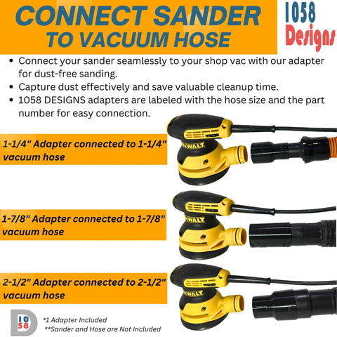 Universal Sander Vacuum Adapter 1-1/4 Inch Hose for Dust Collection, fits DeWalt sander, detailed connection view.