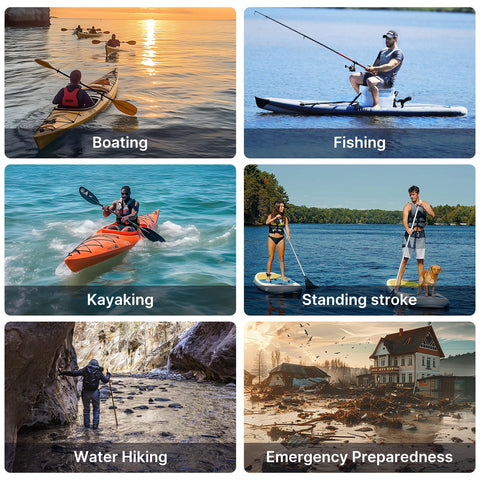 Activities showcasing 33 Gram CO2 Cartridge Rearming Kit for Inflatable Life Jackets, including kayaking and fishing.