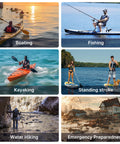 Collage of outdoor activities: boating, fishing, kayaking, standing stroke, water hiking, emergency preparedness.