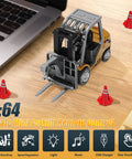 Mini Forklift Remote Control 1:64 Scale Desktop Radio Controlled Toy With App Connectivity placed on a wooden desk next to a laptop.