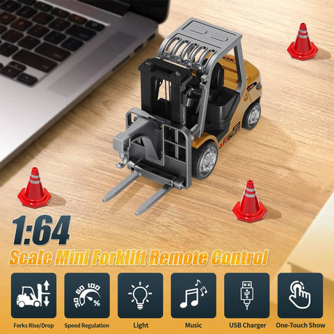 Mini Forklift Remote Control 1:64 Scale Desktop Radio Controlled Toy With App Connectivity placed on a wooden desk next to a laptop.