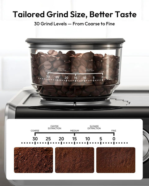 Close-up of 30 grind settings on Espresso Machine With Grinder For Home Use 20 Bar Pro Coffee Maker With Milk Frother For Latte