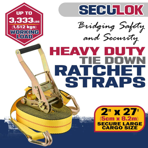 Heavy Duty 2 Inch Ratchet Tie Down Straps With Double J Hooks 27 Foot 3,333 Lbs Working Load Limit 10,000 Lbs Break Strength