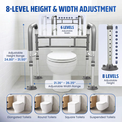 Built Tough Toilet Safety Rail Rated To 350 Pounds, Adjustable Grab Bar for Seniors with 8-level height and width adjustments.