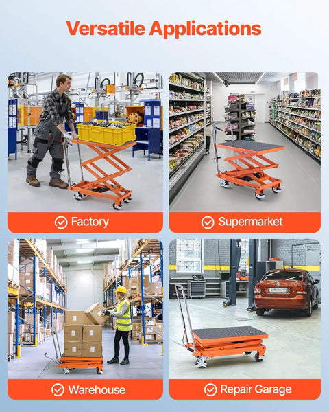 Heavy Duty Hydraulic Lift Table Boasting 500 Lb Capacity And 47 Inch Lifting Height Double Scissor Cart in a factory setting.