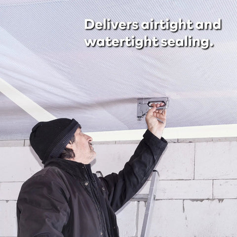 White Vapor Barrier Tape 9 Mil Thick, 3.78-Inch by 60-Yards in use for crawlspace encapsulation and construction sealing.