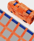 Heavy Duty Nylon Hoist Lifting Net For Cargo And Industrial Gear Transport Delivers Hella Tough Tear Resistant Performance With Two Ton Load Capacity, showing rolled net and flat view with orange and blue straps.