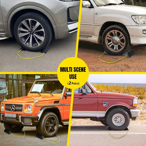 Dual Wheel Chocks Set With High Traction Ribs And Nylon Rope Non Slip Wheel Blocks With Yellow Reflective Tape for cars