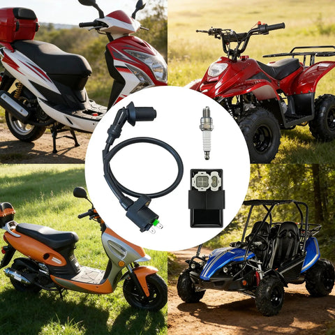 6 Pin AC CDI Box For GY6 Scooters From 49cc To 250cc Taotao Bikes with wiring and spark plug, suitable for scooters and ATVs