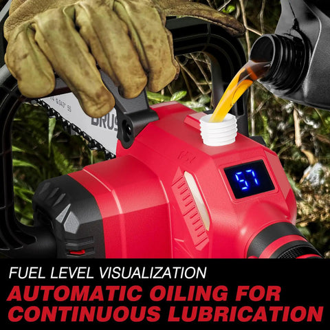 10 Inch Cordless Chainsaw With Brushless Motor Auto Oiler For Wood Cutting Battery Powered Mini Chainsaw Tool Only Compatible With 18V Lithium Ion Batteries Killer For Yard Work And Quick Cuts, showing oil being poured for lubrication.