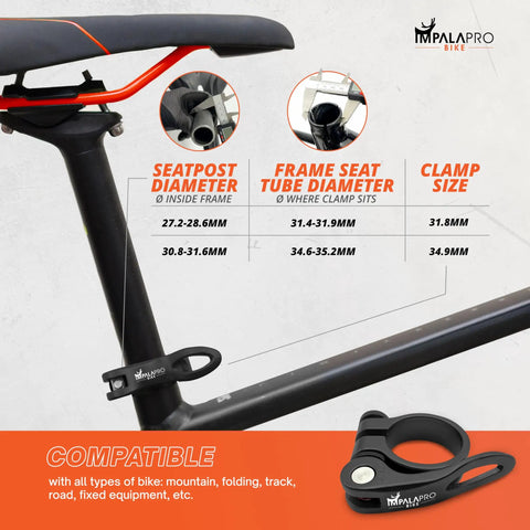 Bike illustration showing seatpost, explaining compatibility with Ultralight Quick Release Seatpost Clamp 34.9 mm CNC 7075 Aluminum.