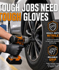 Heavy Duty 7 Mil Black Nitrile Disposable Gloves For Mechanics Built Different Rock Solid Puncture Resistance And Dang Good Grip Packaged In A Slick Dispenser Box, worn while using a power tool on a car tire.