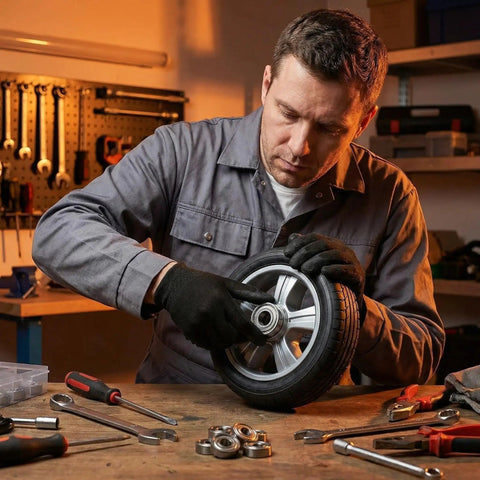 Man assembling a wheel with 60 Pack Deep Groove Ball Bearings Carbon Steel Assortment Kit for DIY projects and repairs.