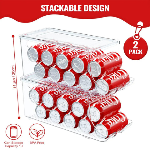 Two Pack Stackable Refrigerator Can Organizer With Lids Holds 10 Cans Each Clear Plastic Soda Can Dispenser in use