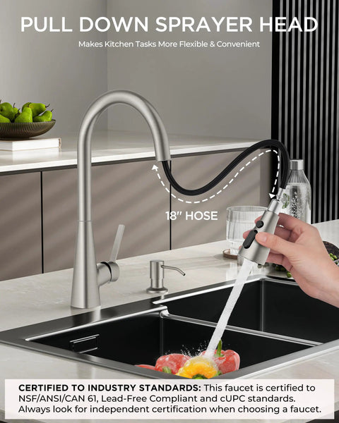 Slick High Arc Kitchen Faucet With Pull Down Sprayer In Brushed Nickel Finish, featuring 18" hose in use, washing vegetables in a sink.