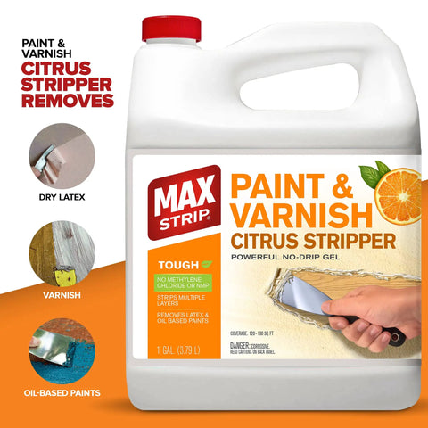 Citrus Paint Stripper Gel For Wood And Metal Surfaces Quick Acting One Application Formula Kicks Off Old Varnish And Latex Easily With Zero Harsh Chemicals Or Toxic Fumes A Real Total Breeze For Weekend Projects And Pros, 1 gallon container with orange label.