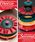 Lazy Susan Taco Bar Set With Lids And Four Rotating Taco Holders for Taco Tuesday with Warming Pot assembled and disassembled in red.