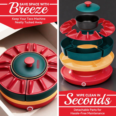 Lazy Susan Taco Bar Set With Lids And Four Rotating Taco Holders for Taco Tuesday with Warming Pot assembled and disassembled in red.