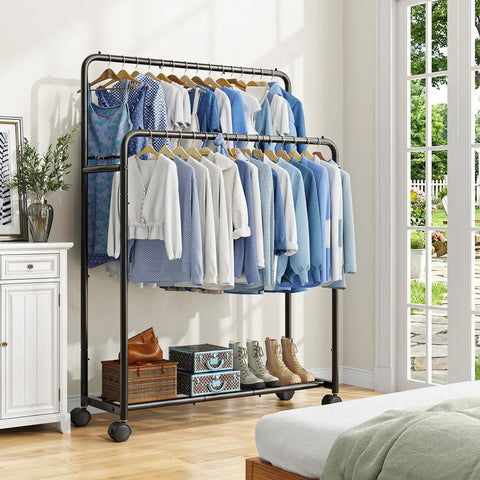 Super Slick Double Tier Garment Rack Built Tough With Heavy Duty Steel Frame And Spacious Bottom Shelf Total Closet Game Changer In Sleek Black Finish Easy Assembly