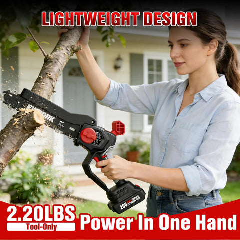 Person using 8 Inch Cordless Mini Chainsaw With Brushless Motor And Auto Tension Lightweight Handheld Pruning And Wood Cutting Saw