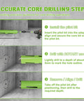 Front view of BETTERI 2.5in dry core drill bit with pilot bit and two adapters, green, shown with installation steps.