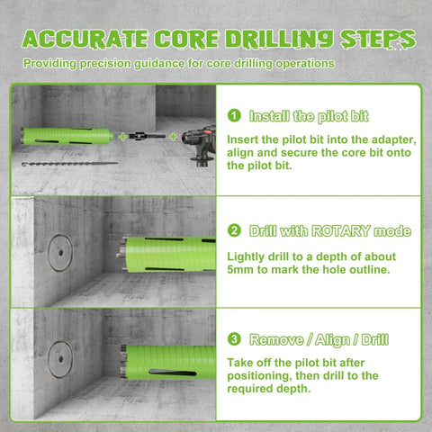 Front view of BETTERI 2.5in dry core drill bit with pilot bit and two adapters, green, shown with installation steps.