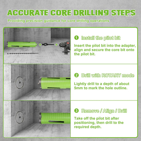 Instruction steps for using the Five Eighth Inch Eleven Thread Core Drill Bit Adapters Pro Grade With 11.81 Inch Centering Pilot Bit And SDS Plus Hex Shank Connector