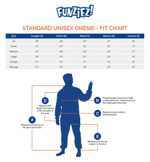 Fit chart for Funziez standard unisex onesie showing measurements for sizes XS to XXL with silhouette guide for accurate measuring.