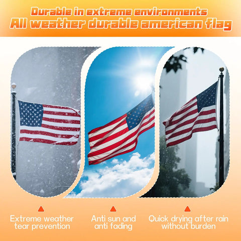3x5 Ft Heavy Duty Outdoor American Flag Deluxe Spun Polyester Waterproof UV Resistant Embroidered Stars in various weather conditions