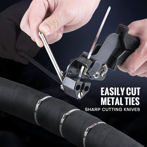 Stainless Steel Cable Tie Gun Kit With 200 Metal Zip Ties In Two Sizes And Tensioning And Cutting Tool for fence projects in use