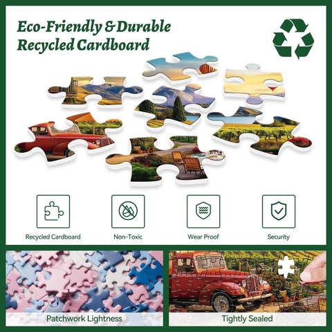 Chill 500 Piece Jigsaw Puzzle For Adults Featuring Scenic Vineyard With Hot Air Balloons And A Red Truck Perfect For Unwind Sessions Family Or Teen Puzzle Nights Recycled Cardboard 20.5 By 15 Inches pieces close-up on eco-friendly board