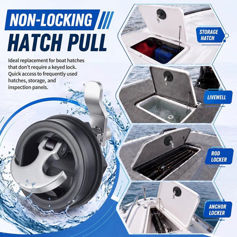 Four Pack Non-Locking Boat Hatch Latches Fits 2-3-8 To 2-1-2 Inch Cutouts Silver, Replacement Hatch Latch For Boat Lid, Hatch Handle, Storage Compartments, Easy Install, Durable Marine Hardware. Non-locking hatch pull for boat storage hatch, livewell, rod locker, anchor locker.