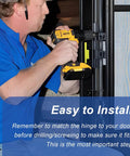 Person installing 2 Pack Lippert Compatible Trailer Door Hinge RV Entry Door Friction Hinge Assembly using a drill.