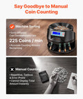 Heavy Duty US Coin Counter Sorter And Wrapper Machine Handles 5 Denominations sorting coins on a wooden surface.