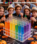 Group enjoying Halloween Test Tube Drink Set 24 Pack With Rack And Lids; colorful test tubes on table with pumpkins.