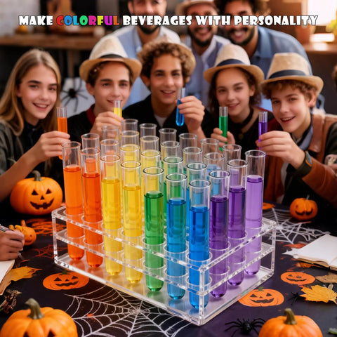 Group enjoying Halloween Test Tube Drink Set 24 Pack With Rack And Lids; colorful test tubes on table with pumpkins.