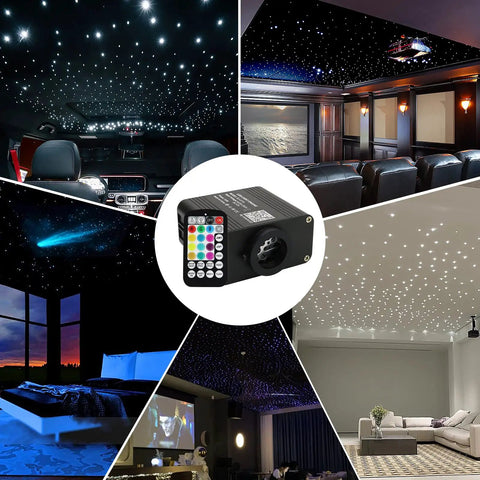 16W Twinkle Starlight Headliner Kit With Sound Activated Mode, 600 Fiber Optic Strands, shown in car and home setups