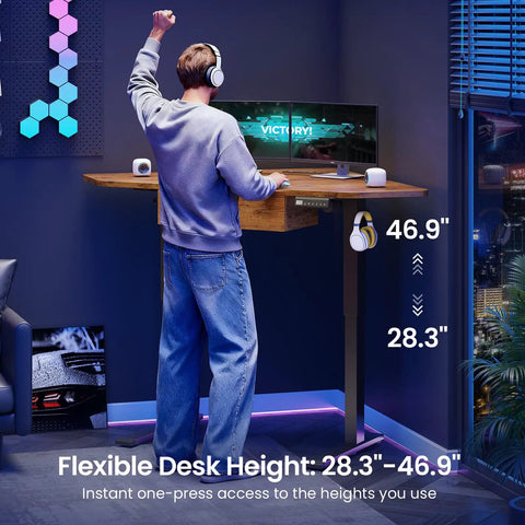 Corner Electric Standing Desk With Drawer 32 Inch Compact Space Saver Sit Stand Desk For Gaming And Home Office Rustic Brown Finish Height Adjustable From 28.3 To 46.9 Inches LED Display