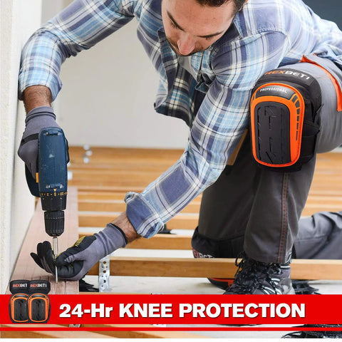Man using drill wearing Heavy Duty Work Knee Pads For Men With Gel Foam Cushions Anti Slip Padding For Construction Gardening And Cleaning