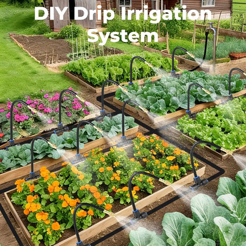 130 Ft Drip Irrigation Kit For Garden With 20 Adjustable Sprayers And One Quarter Inch Tubing in raised vegetable beds