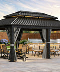Image of 12X20Ft Gazebo With Hard Top And Double Roof, Aluminum Frame, All Weather Patio Tent With Curtains And Netting For Patios Backyards Decks And Lawns No Fuss Setup Gray, shown in a garden setting with dining tables and chairs.