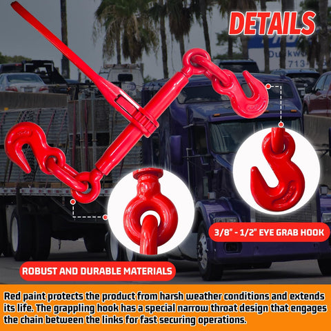 Beefy Heavy Duty Ratchet Chain Binders Three Eighths To One Half Inch With G70 Grab Hooks, red color, on truck background