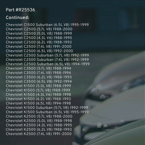 Chevrolet truck and SUV model list overlay on automotive parts. Part #R25536 compatibility details visible on the image.